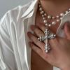 2 Stück Hip-Hop Punk Kreuz Anhänger Halskette für Männer Frauen Vintage Doppellagig Imitation Perlen Halskette Gothic Y2K Schmuck Geschenke