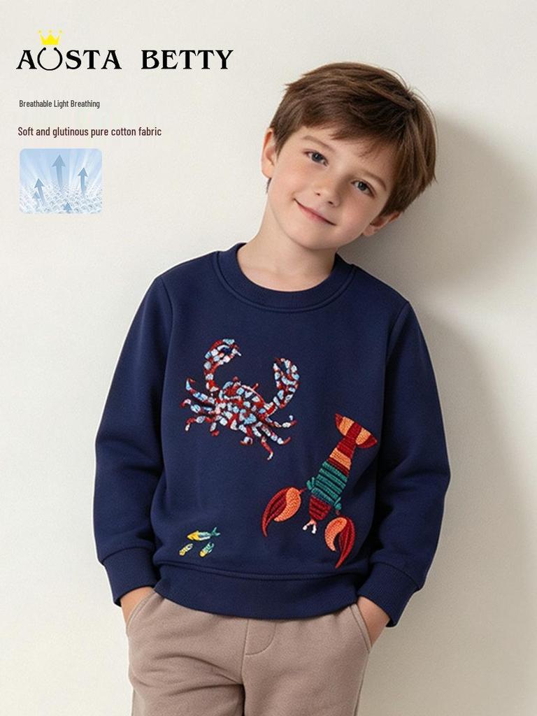 Autumn Boys' European Style Embroidered Hoodie - Knitted Cotton Toddler Sweatshirt