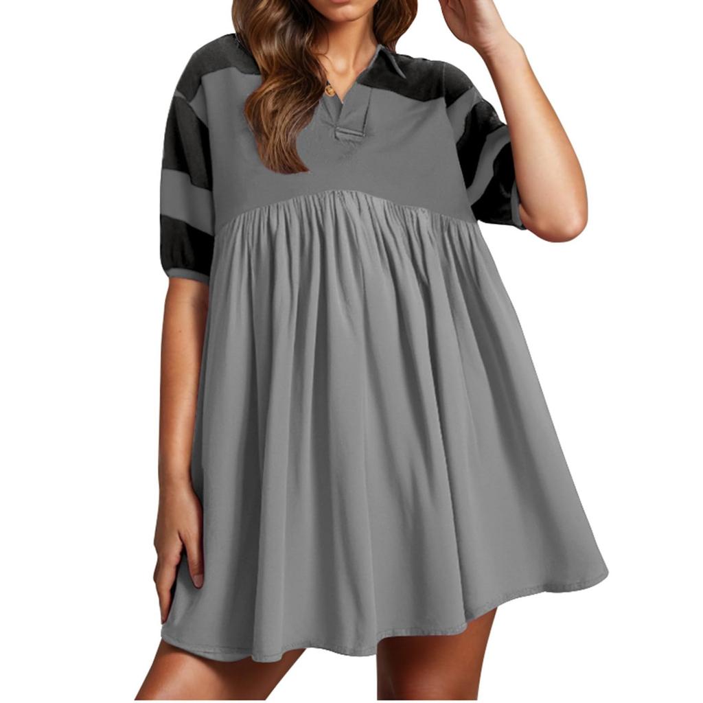 Women Babydoll Dress Striped Colorblock Pleated Oversized Short Sleeve Collar T-Shirt Dress