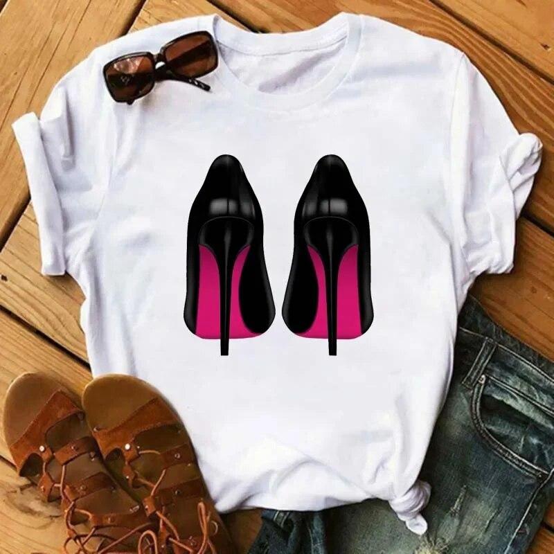 Maycaur Pinke High Heels Blumen Taschendruck T-Shirt Damen Trendy Hipster Harajuk Kawaii Kurzarm Oberteile T-Shirt Femme Kleidung Unisex