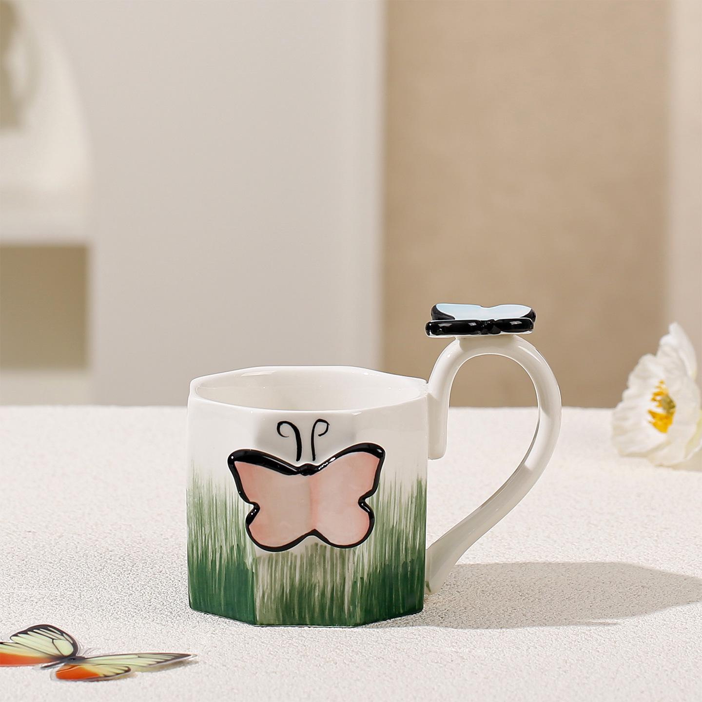 Ceramic Couple s Butterfly Mugs - European & American High-End Hand-Painted Embossed Design for Office Use 9.3*8.2 cm