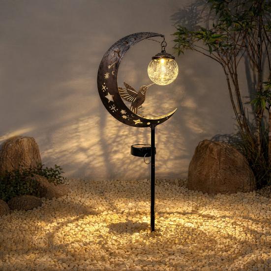Solar Moon And Hummingbird Garden Light, Outdoor Cracked Glass Ball Stake Lamp for Yard, Waterproof Automatic LED Lighting for Patios Lawns