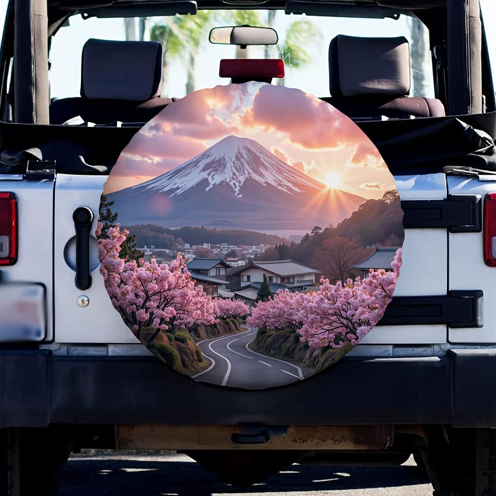 A 2D Flat-printed Popular Tire Cover with a Mountain and Tree Pattern, 100% Polyester Fiber, No Electricity Required, a New Year's Gift, Suitable for