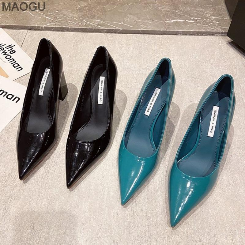 Scarpe da Donna Pelle Verniciata Slip-On Tacco Chunky Tacchi Alti per Signore Punta Acuta Poco Profonde Sexy Décolleté Eleganti Nere