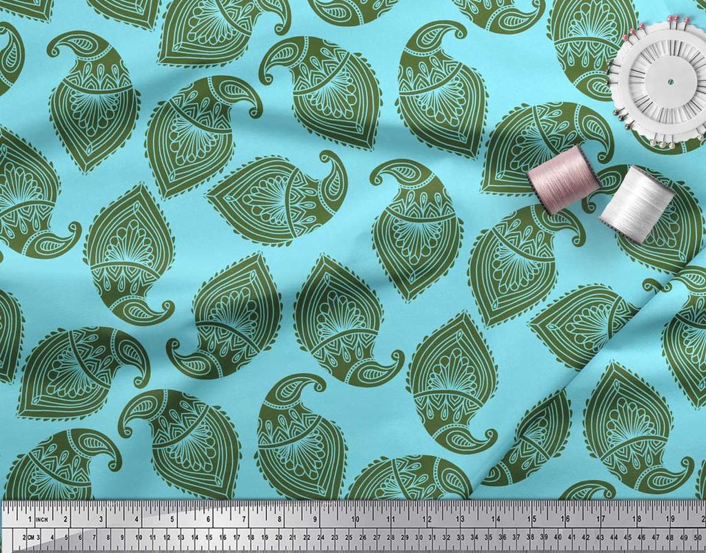 Soimoi Blue Japan Crepe Satin Fabric Green Paisley Printed Craft Fabric by the metre 42 Inch