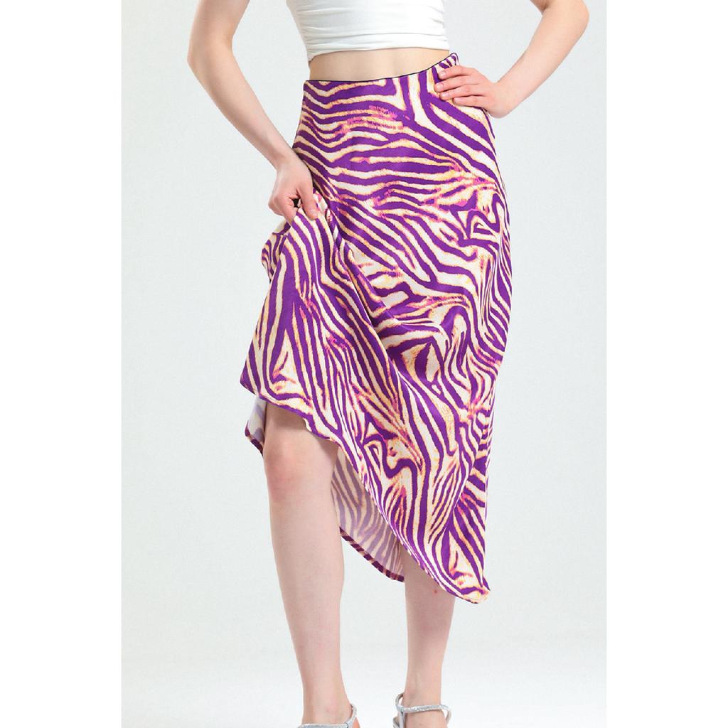 Leopard Pattern Satin Midi Length Brown Skirt