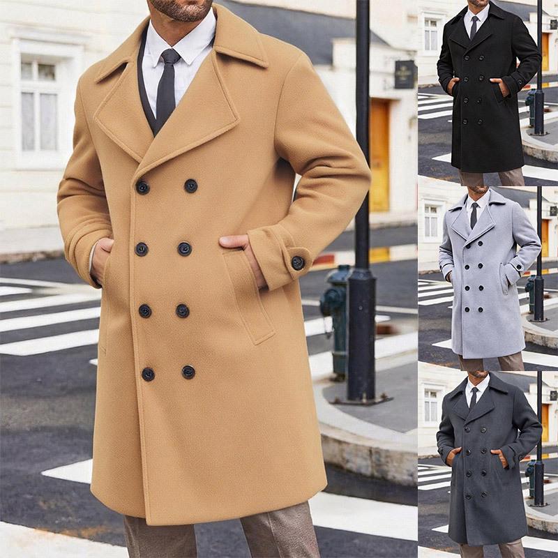 Neuer Herbst/Winter Europäischer & Amerikanischer Herren Zweireihiger Mittellanger Woll-Trenchcoat