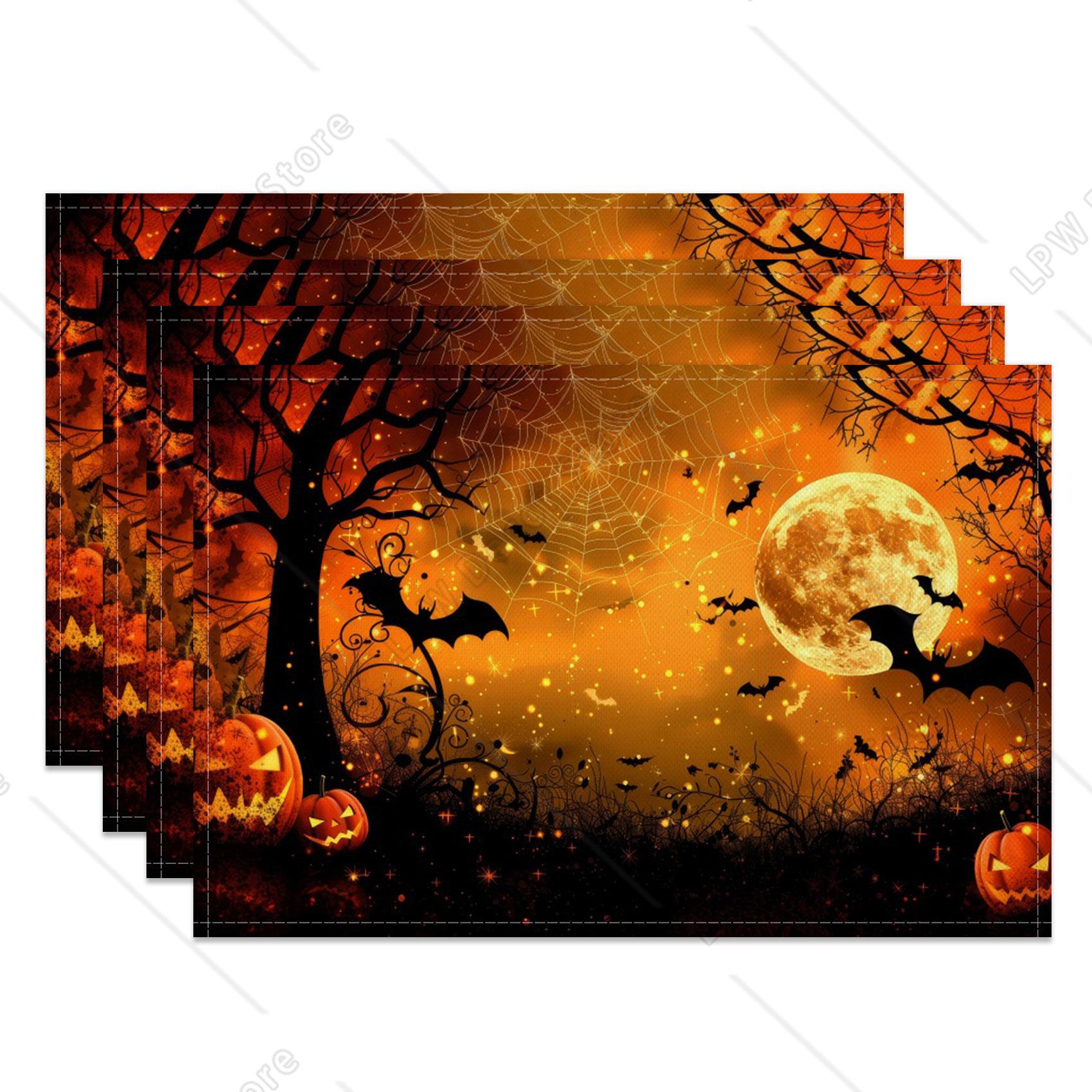 

Halloween Placemats Dining Table Spooky Pumpkin Bat Moon Themed Table Mats Party Decor Trick or Treat Dinner Durable Washable 4 PCS 12x18inch