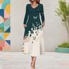 Women Plus Size Long Sleeve V Neck Butterfly Printed A Line Midi Dress With Pockets