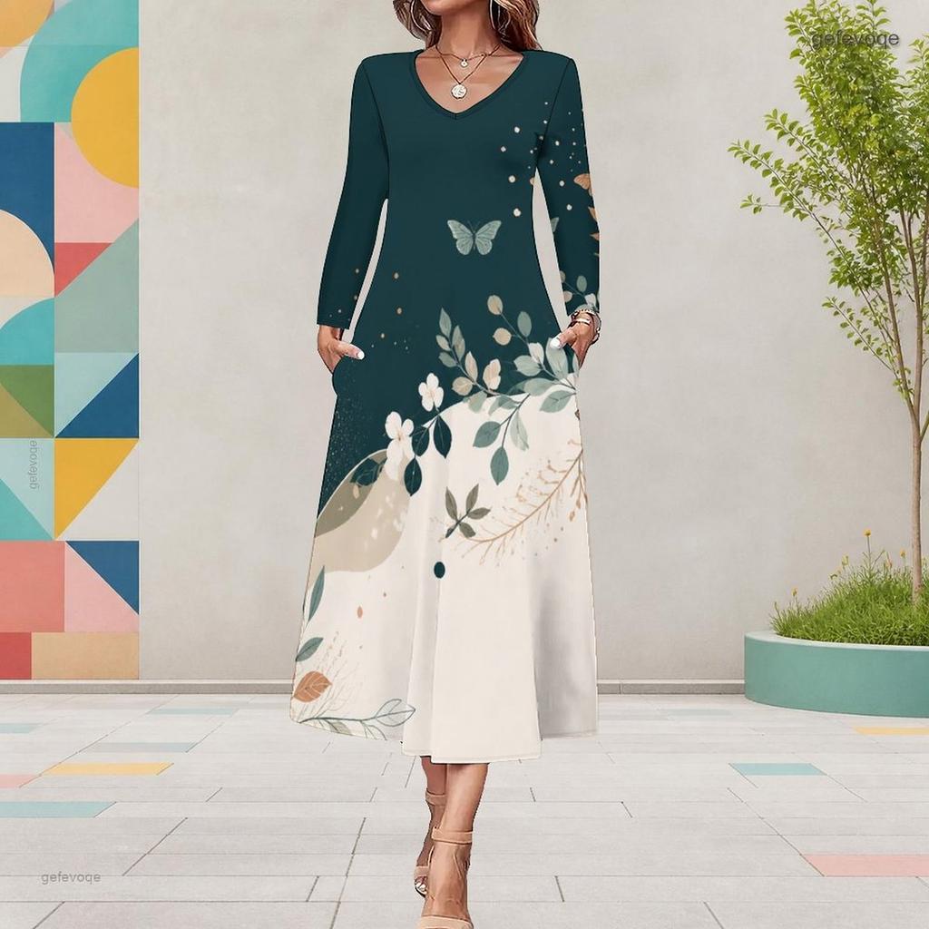 Women Plus Size Long Sleeve V Neck Butterfly Printed A Line Midi Dress With Pockets