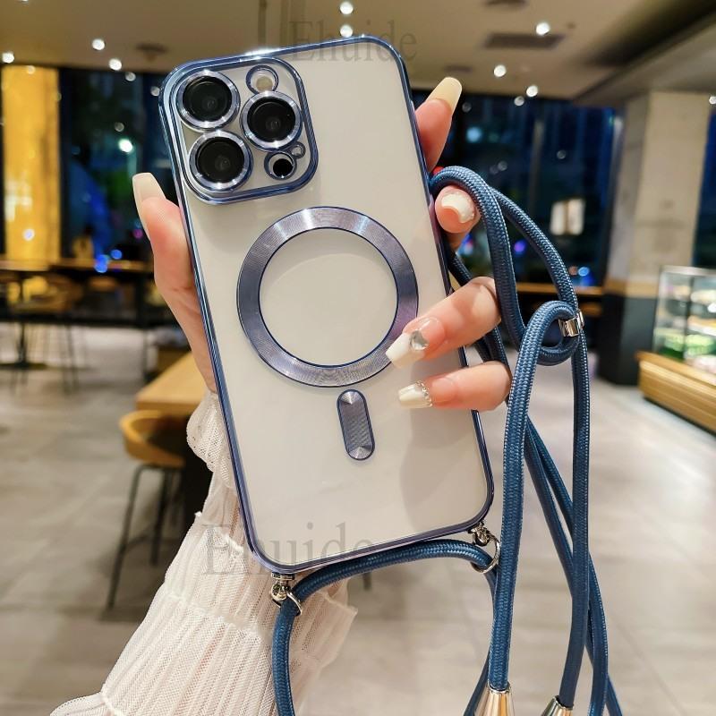 Magnetic Case For iPhone 17 16 14 13 12 11 Pro X XS Max 15 Plus Magsafe Transparent Plating Strap Crossbody Lanyard Neck Cover