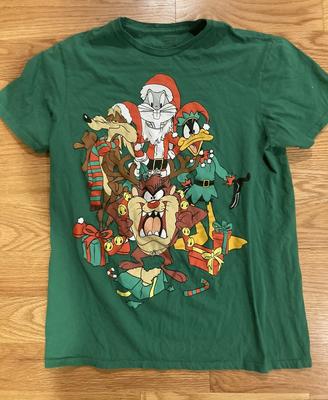 T-shirt Vert Coton Épais Looney Tunes Noël Vintage S-5XL Unisexe