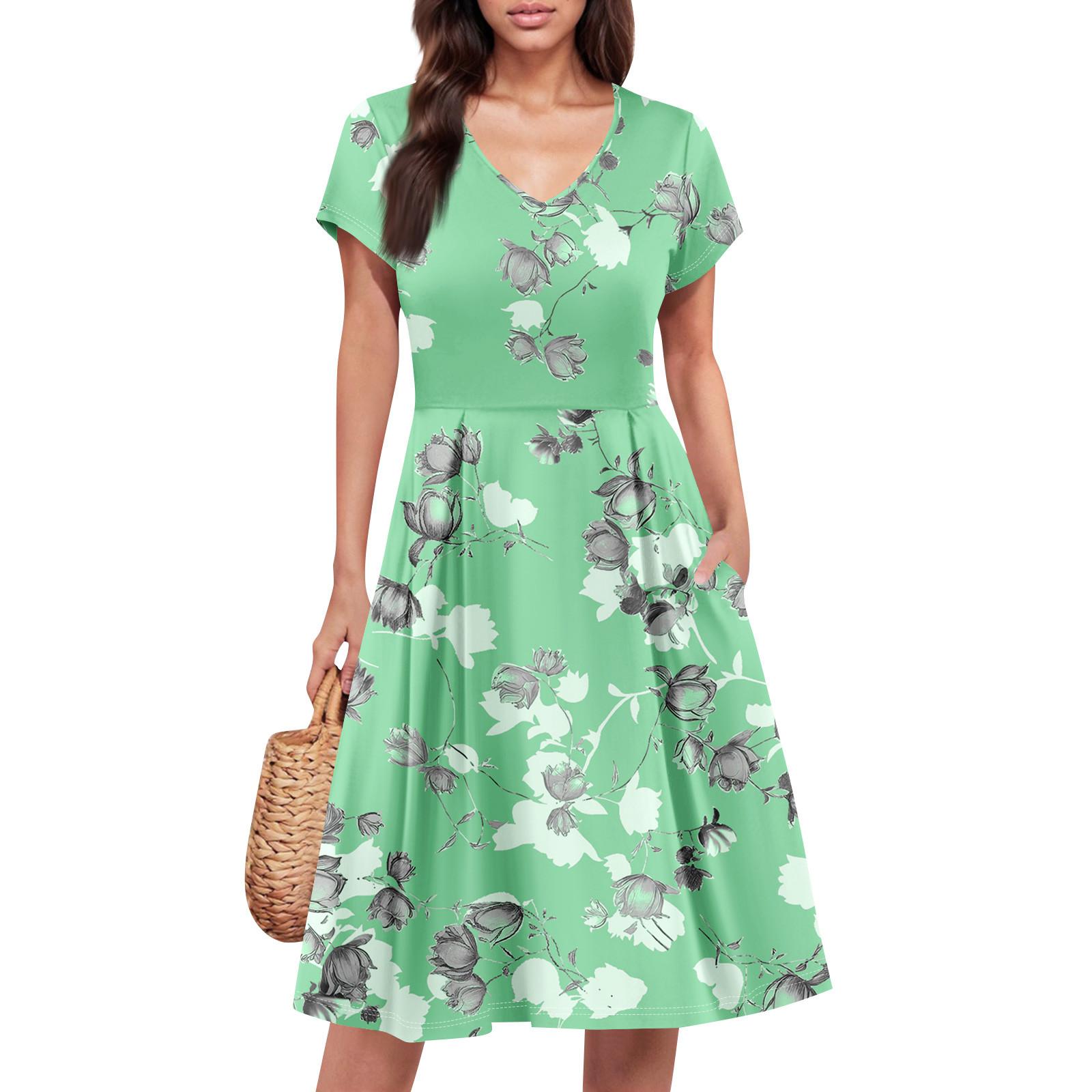 

Жіноча літня сукня з коротким рукавом, V-подібним вирізом, короткі сукні, модна повсякденна вільна сукня А-силуету, сукня-сарафан з кишенею XL зелений