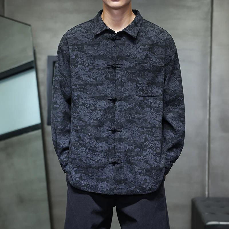 Camicia da uomo a maniche lunghe primaverile Camicie da uomo stile cinese Camicie da uomo monopetto con colletto quadrato Top vintage da uomo con ricamo