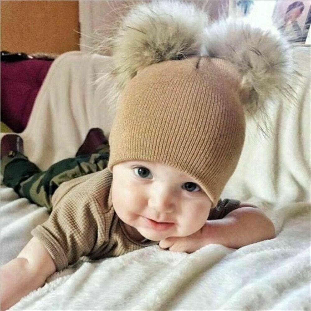 Winter Cute Pom Kids Knitted Hat Warm Bobble Hat Baby Beanie Cap
