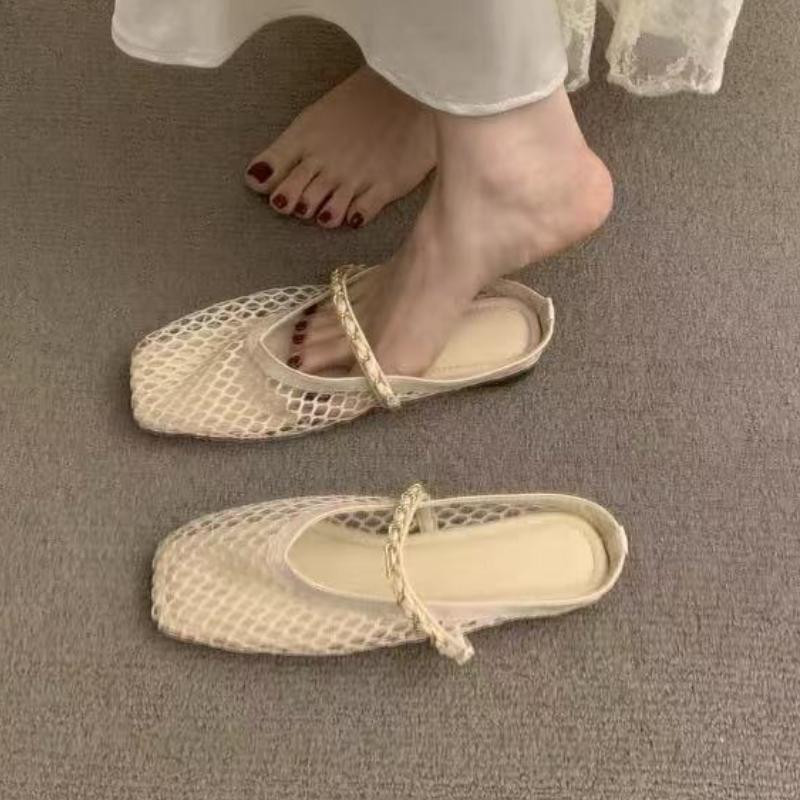 Fashion New Retro Flat Shoes Summer New Square Toe Fishing Net Breathable Hollow Outside Wear Slip-on Baotou Half Slippers