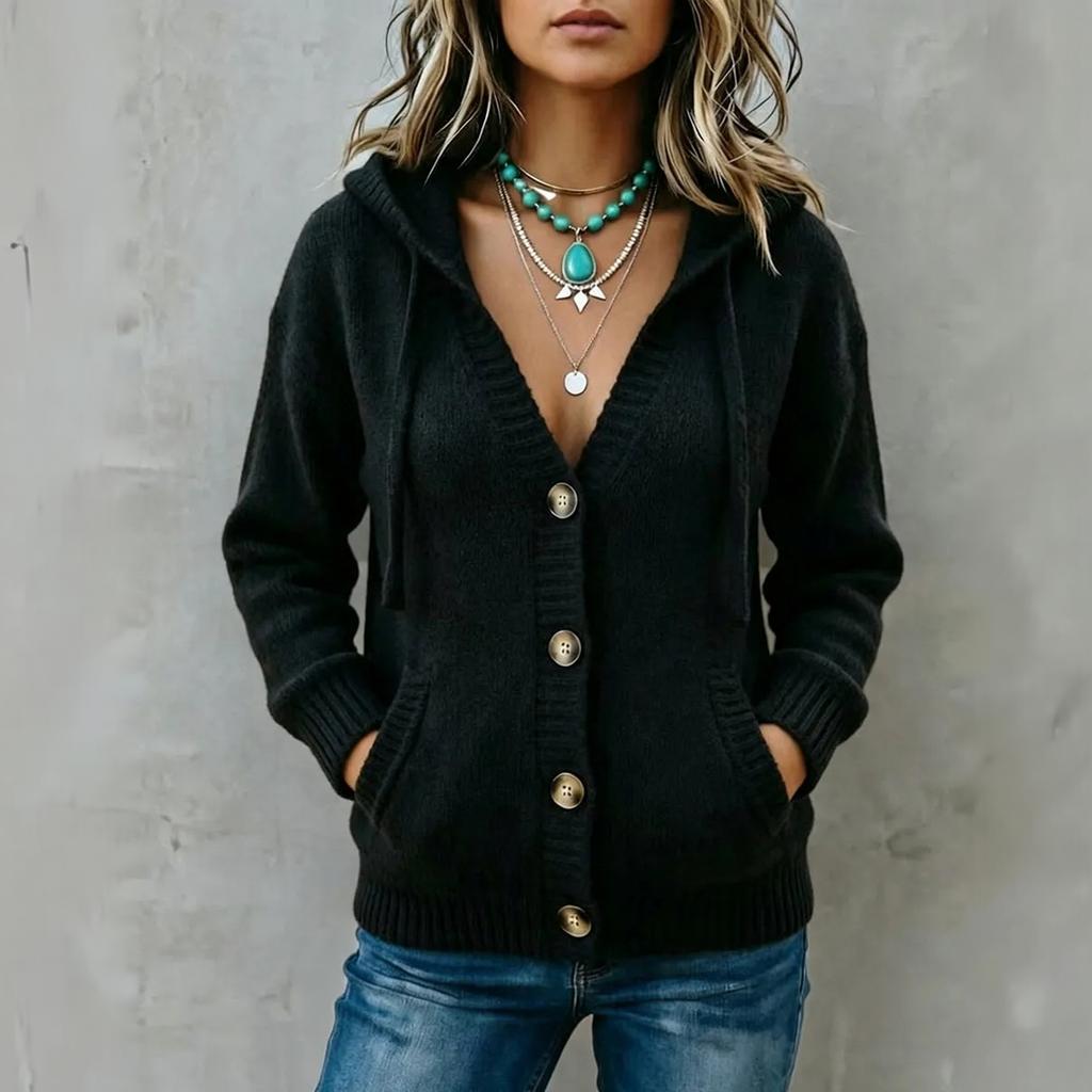 Cardigan a maglia con cappuccio da donna comodo con chiusura a bottoni per l'uso casual autunnale invernale