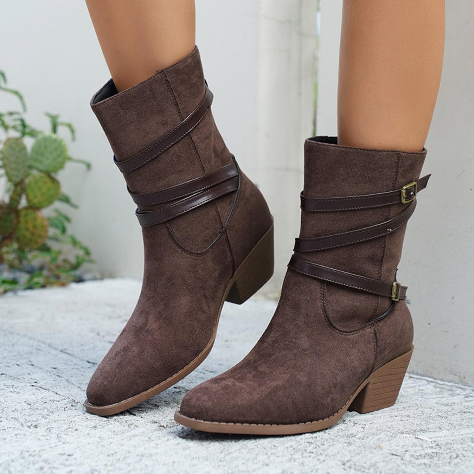

Women s Pointed Toe Fashionable Belt Sleeve Mid Heeled Thick Heeled Ankle Boots Womens Tall Boots Wide Calf Low Heel 37 коричневий