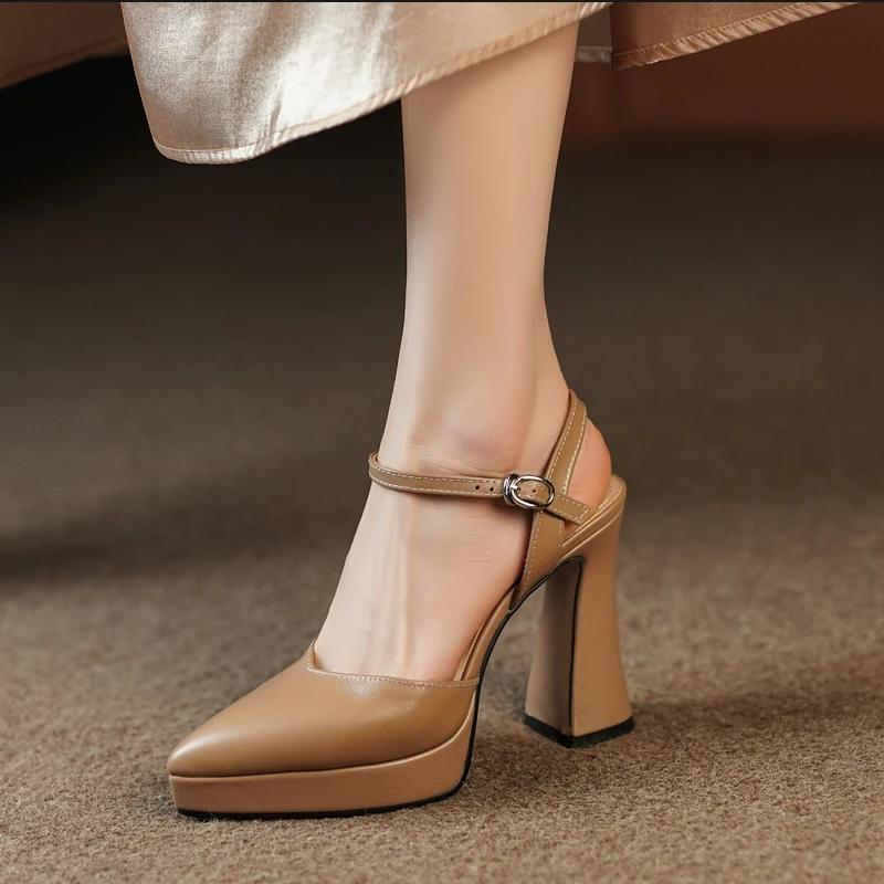 

Women s High Heel Sandals Pointed Toe One-line Buckle Square Heel Shoes Women Dress Cover Toe French Elegant Sandalias De Mujer 34