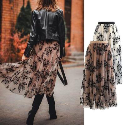 Women A-Line Skirt 3D Embroidered Leaf Print Double-Layered Mesh Tulle High Waist
