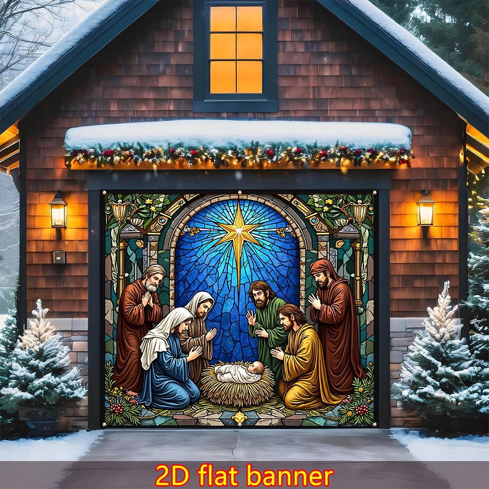 2D Flat Christmas garage decoration banner colorful glass-style design of the scene of Jesus' birthzyc