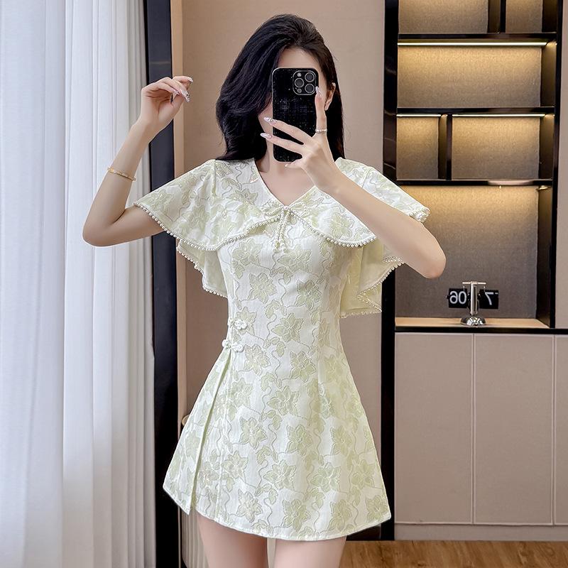 Summer New Chinese Style Lace Shawl Cape & Slim Fit Dress Shorts Set