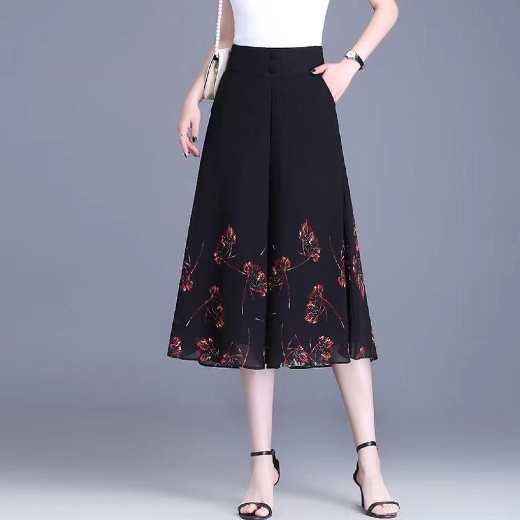Damen Chiffon Halbrock Sommer Hohe Taille Cropped Hose Midilanger Rock Hose Rock