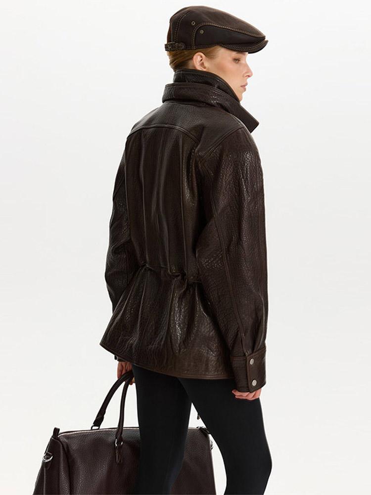 Ladies' Waist Cinched Lapel Leather Jacket Women's Brown Zipper Leather Jacket Windproof Jacket Fashion Style Autumn and Winter