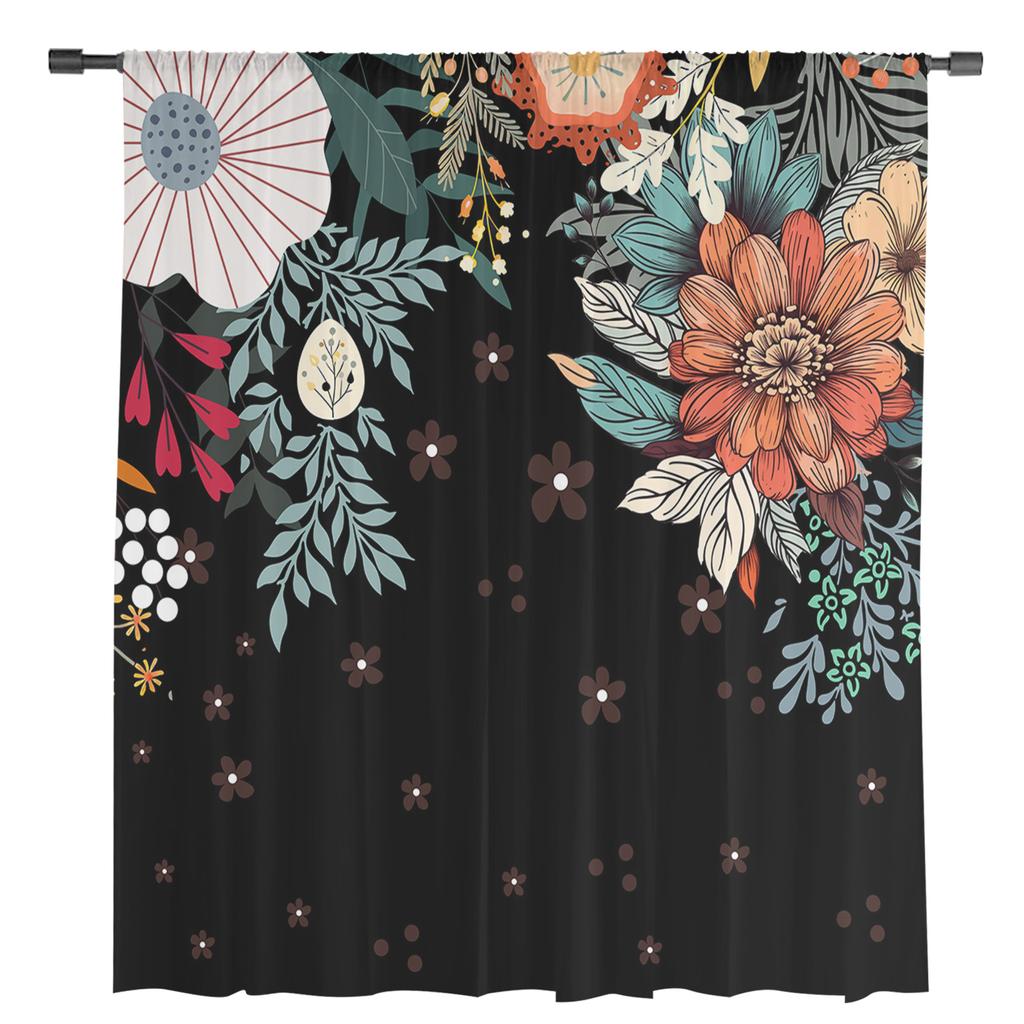 Bohemian Abstract Style Květiny Rostliny Černé Průsvitné Závěsy pro Dekoraci Obývacího Pokoje Okenní Závěsy Kuchyňské Tylové Voálové Závěsy