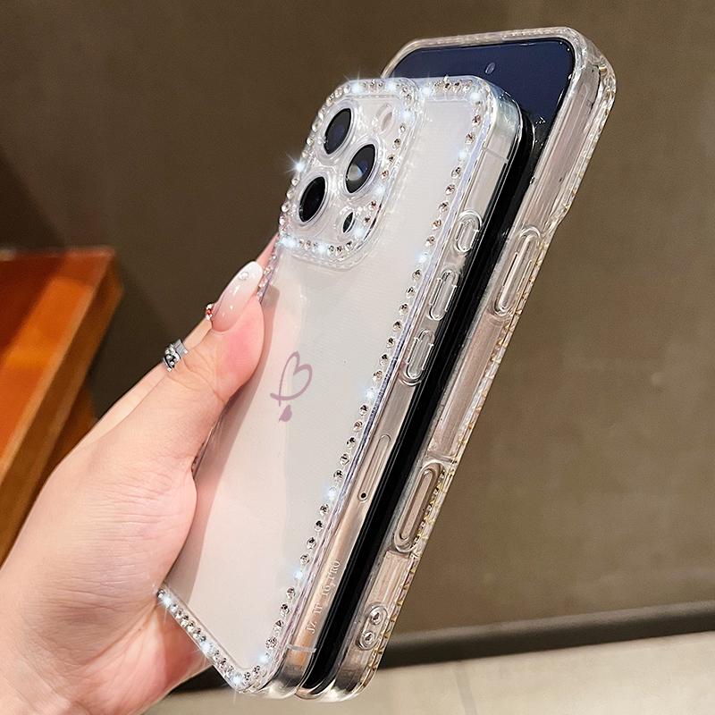 For iPhone 16 Pro Max 16E 15 Pro 14 13 12 11 Case Shell Diamond Frame Love Heart Pattern Shockproof Soft Silicone Clear Anti-Fall Phone Cover