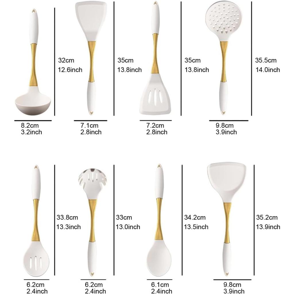8pcs White Silicone Cooking Utensils with Strong Gold Handle Kitchen Essentials, Silicone Spatula Cooking Spoons