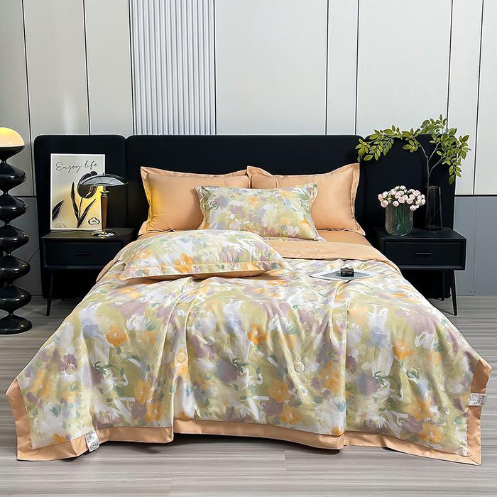Printed Tencel Summer Quilt 4-Piece Set - Cooling Ice Silk for Naked Sleep, Smooth Gift Quilt