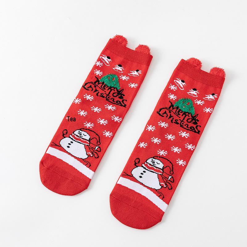 Cute Elk Cartoon Socks with 3D Ears – Red, Cotton for Autumn & Winter, Japanese Style, Perfect for Christmas