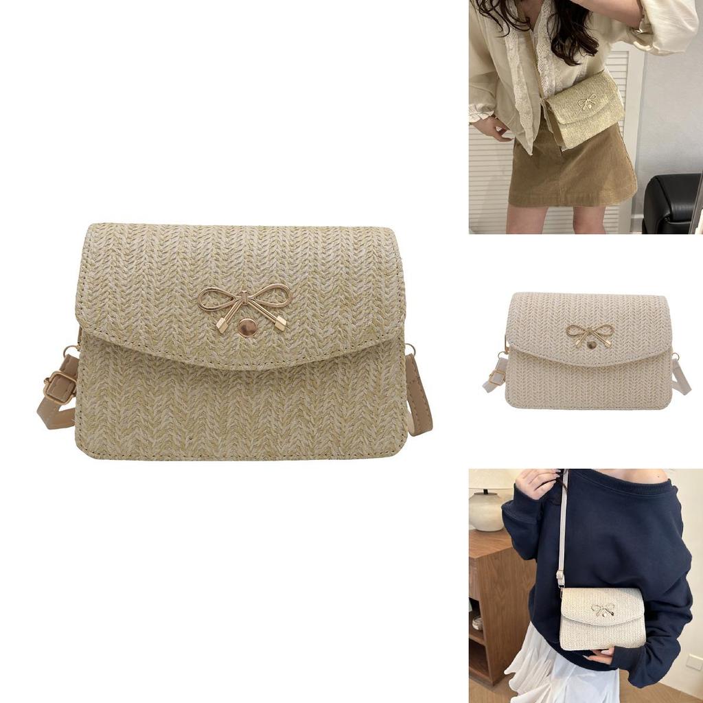 Simple Gold Bow Decoration Woven Texture Women Casual Shoulder Bag For Casual Outings