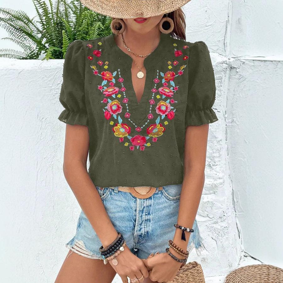 Ladies Summer Ruffles Short Sleeve V Neck Embroidery Casual Pullover Blouse Shirt Top
