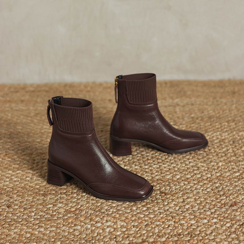 Krazing Pot Sheepskin Autumn Winter Shoes Thick Heels Size 42 Square Toe Zipper Knitwear Vintage Ankle Boots