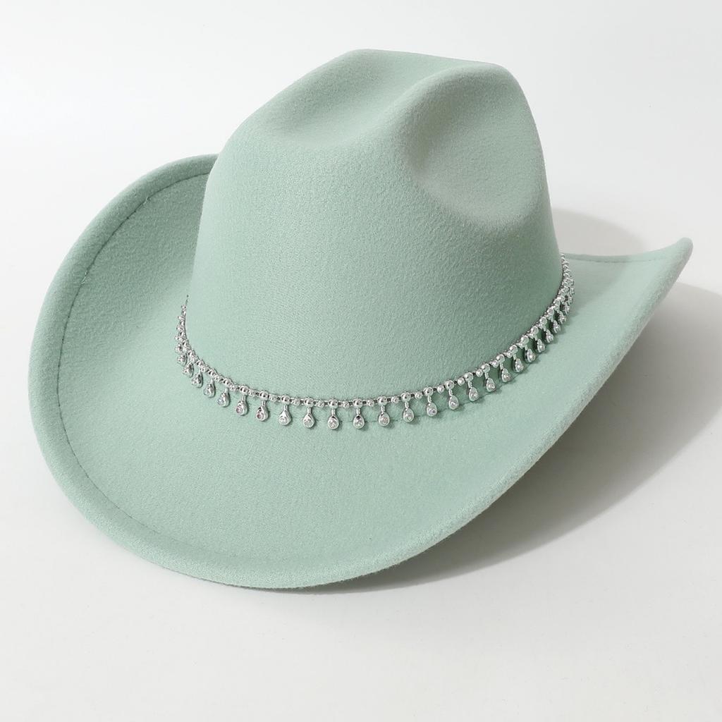 Women's Unisex Western Cowboy Hat with 3D Round Gems, Rhinestones, Rivets, and Chain Decorations, Wedding Party Hat