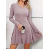 JPNTKY Women's Fashion Spring Autumn Solid Color Print Long Sleeve V-Neck Casual Dresses