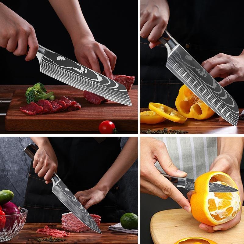 10PCS Kitchen Knives Japanese Santoku Damascus Laser 7CR17 440C Stainless Steel Utility Cleaver Slicing Chef Knife Kitchen Tool