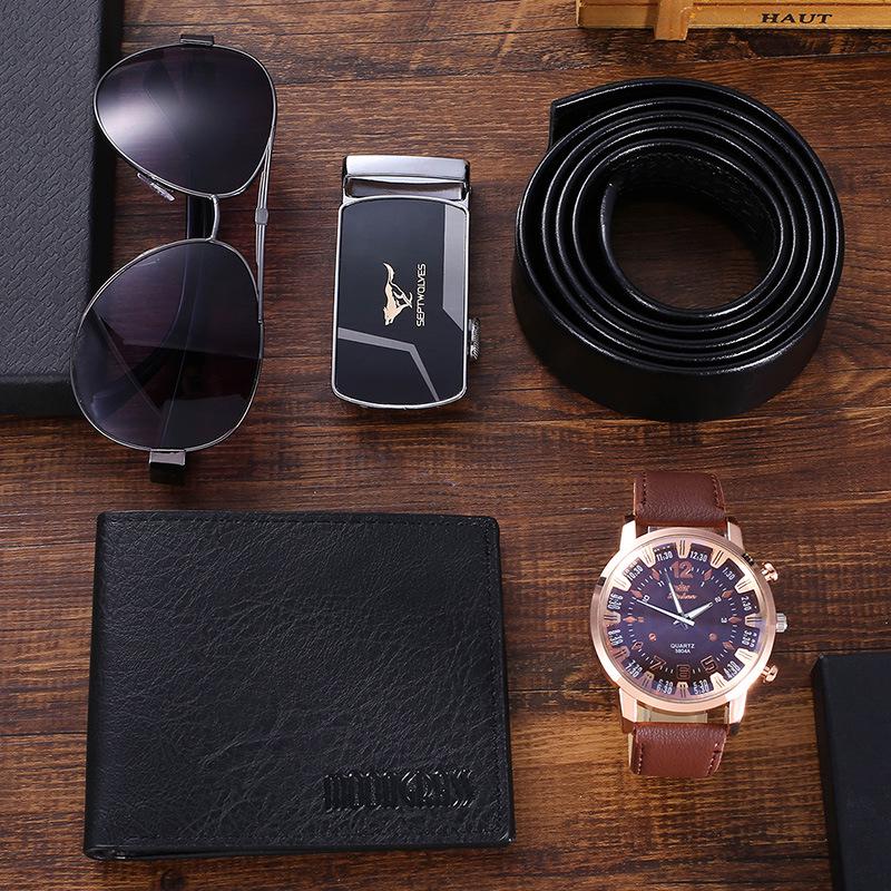 5-Piece Creative Gift Set: Business Watch with Leather Strap, Glasses, and Wallet