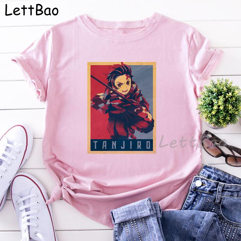 Demons Slayers Print Pink Woman Tshirts Women S Summer Harajuku Fun Cute Anime Pattern Women Tops 3XL
