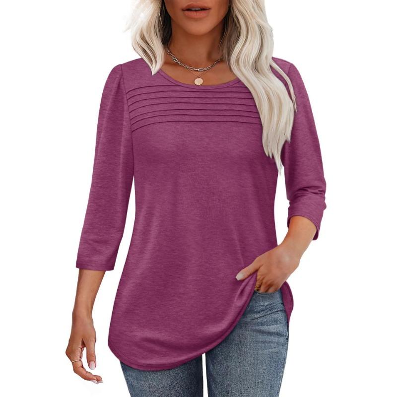 Autumn Round Neck Seven Quarter Sleeve Pleated Top Women's T-shirts