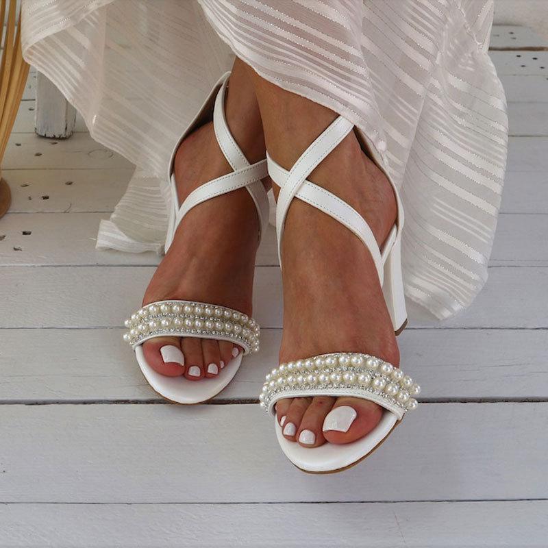 Foreign trade sandals 2025 new women's summer white high heels classic thick heel wedding shoes pearl word belt large size shoes 43