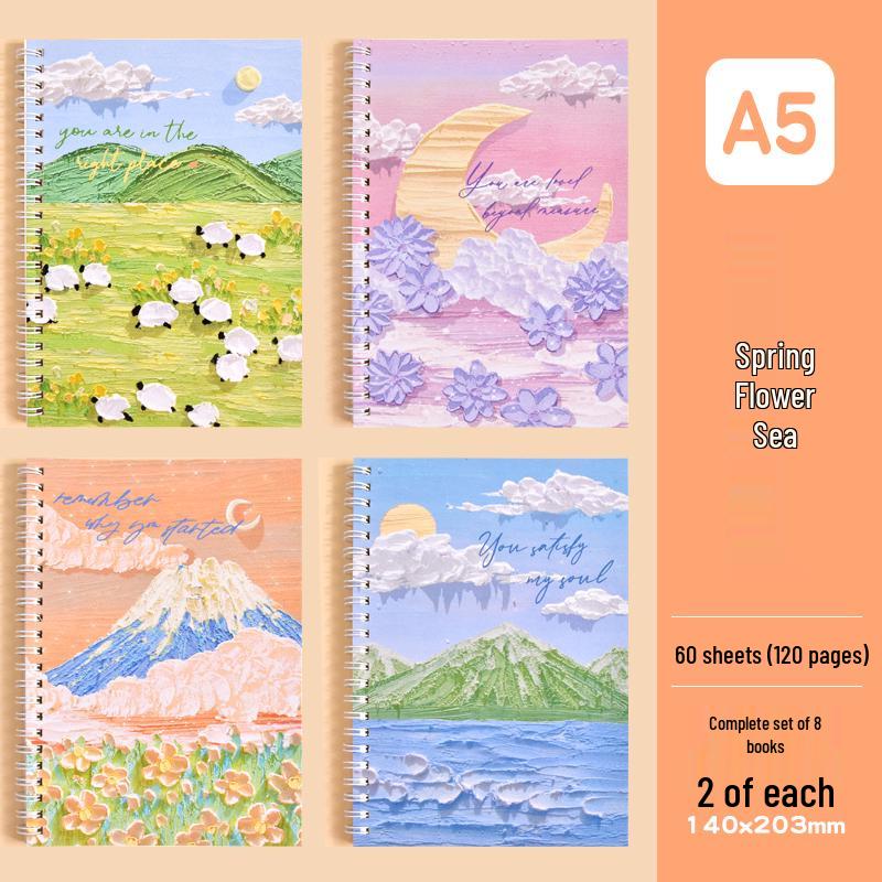 Cartoon Oil Painting A5 Side-Bound Lined Notebook - Cute, Thick, Student-Friendly