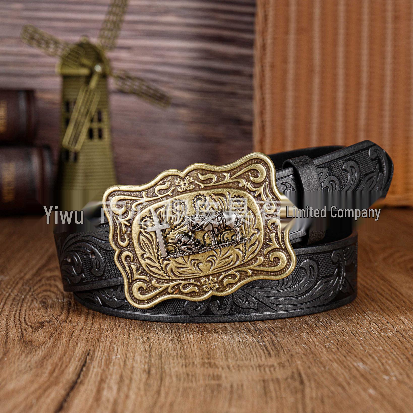 Western Cowboy Retro PU Leather Belt with Four-Sided Buckle 120cm