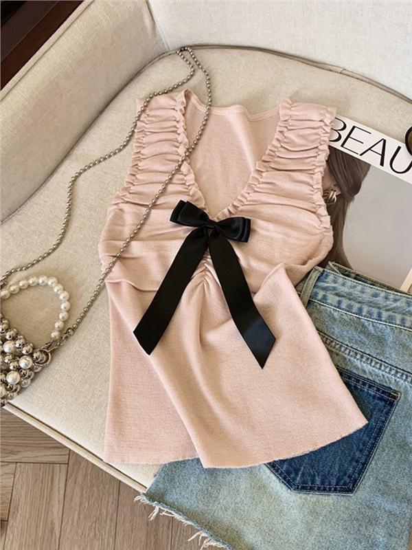 Women's Pink Bow V-neck Knit Vest, Summer Style Pleated Camisole, Super Stylish Sleeveless Top
