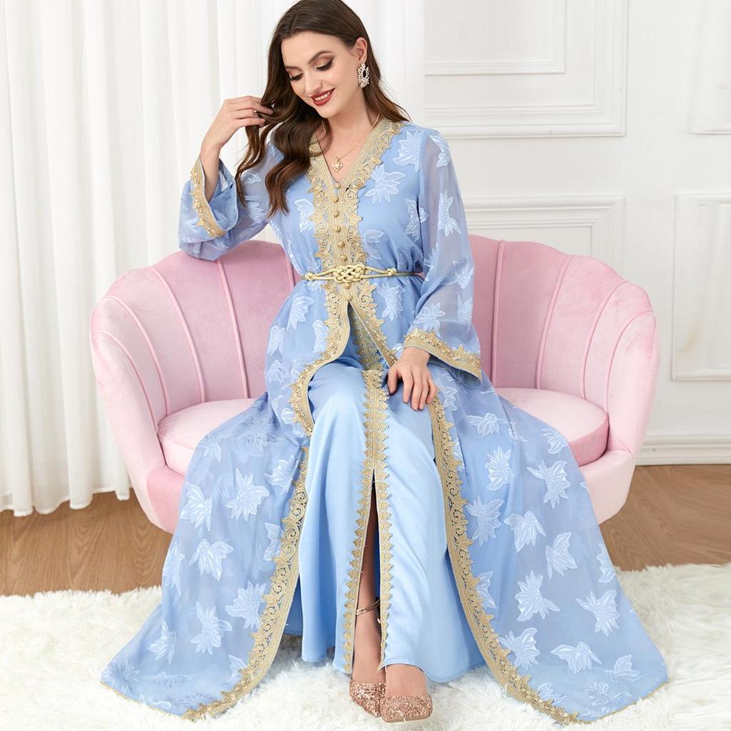 Women's V-neck Long Sleeve Middle Eastern Abaya Two-Piece Set Dress