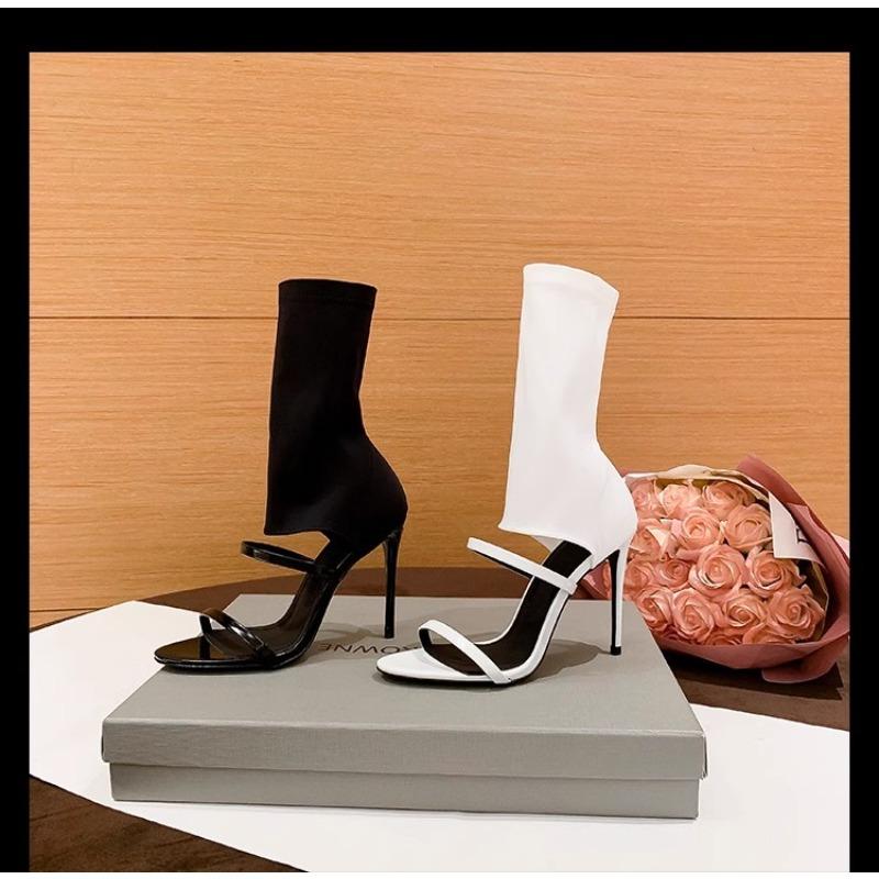 High-Top Round-Toe Stretch Fabric Stiletto Ankle Boots 2025 Summer Toe-Exposing Plus Size Outdoor High Heels for Women