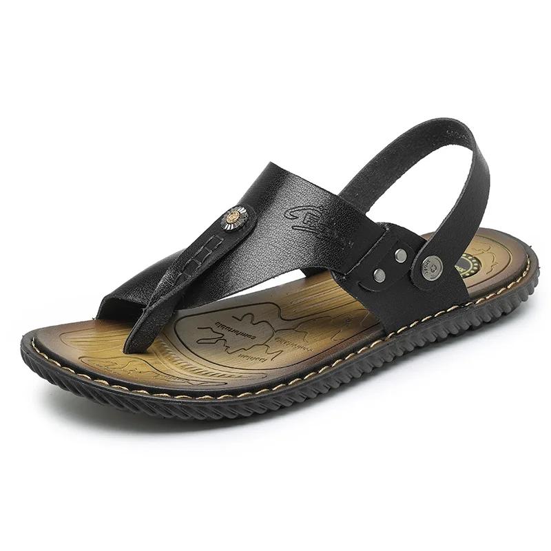 Fashion 2025 New Casual Leather Soft Bottom Sandals Men Soft Tires Rubber Flip Flops Summer Fashion Breathable Casual Minimalist Shoes