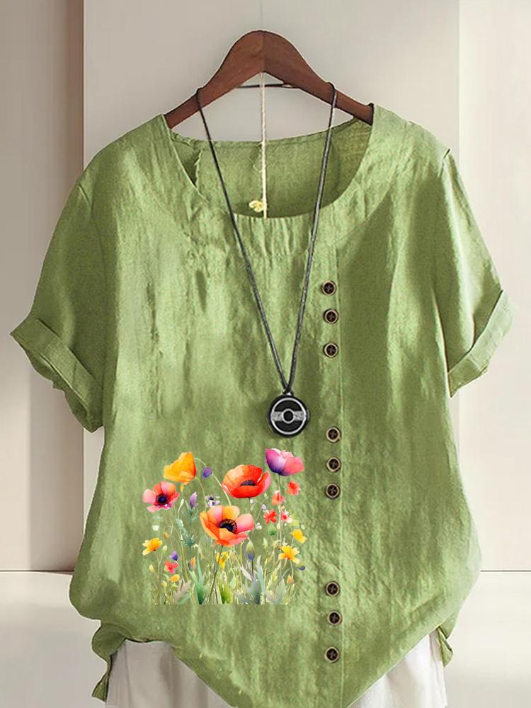 Women's Fashion Flower Print Casual Cotton Linen Short Sleeve Round Neck T-shirt Shirt Leisure Loose Summer Blouse Tops